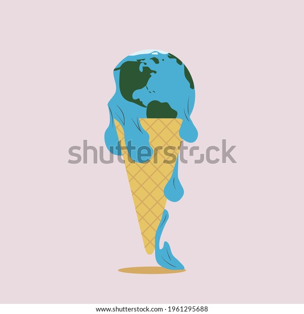 The Earth is melting. Concept vector\
illustration. Global warming concept, The earth is melting like an\
ice cream on the waffle cone on pink background.\
