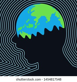  Earth melting down inside the screaming human head profile, framed with lines. Vector illustration