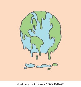 Earth Is Melting With Soft Colors, Vector For Global Warming Concept. Earth Drawing In Cute Style.