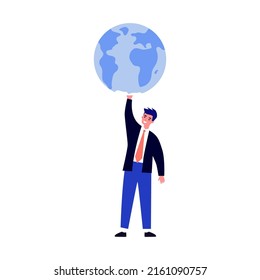 Earth men flat vector illustration. Tiny people saving world ecology and huge planet at background