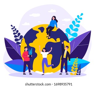 Earth, men with plants and women flat vector illustration. Tiny people saving world ecology and huge planet at background. Eco, environment and protecting nature concept