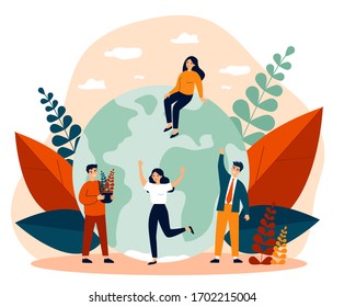 Earth, men with plants and women flat vector illustration. Tiny people saving world ecology and huge planet at background. Eco, environment and protecting nature concept