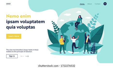 Earth, men with plants and women flat vector illustration. Tiny people saving world ecology and huge planet at background. Eco, environment and protecting nature concept