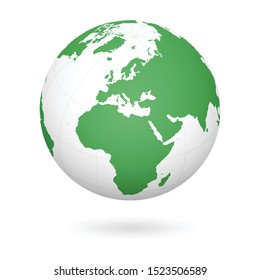 Earth with a meridian from the side of Europe on a white background. The illustration is isolated from the background. It can be used as an icon, logo or for marking coordinates.