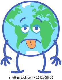 Earth in minimalist cartoon style feeling discouraged and staring at you. It looks exhausted with prominent bags under its eyes. It sticks its tongue out while its arms fall down in sign of distress
