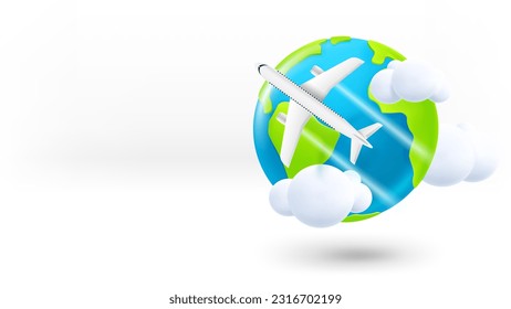 La Tierra con aviones modernos. Banner vectorial 3d con espacio de copia