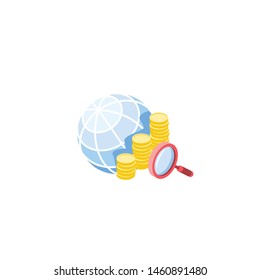 Earth-Geld-Suche Vektorgrafik 3d isometrisch, Farbe Web-Symbole Set, neue flache Stil. Kreative Illustration, Idee für Infografiken.