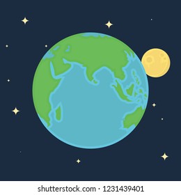 Earth and the Moon. Earth with the moon against the starry sky. Vector illustration.