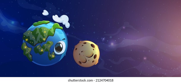 Earth and Moon cartoon characters in space with stars and milky way, cute blue planet with big eyes covered with clouds and continents and kawaii sleeping Luna in far Universe, Vector illustration