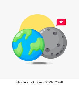 Earth and moon cartoon with love bubble