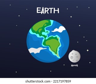 Erde und Mond, Vektorgrafik, einzeln auf Himmelsraumhintergrund. Planet Cartoon Vektorstil