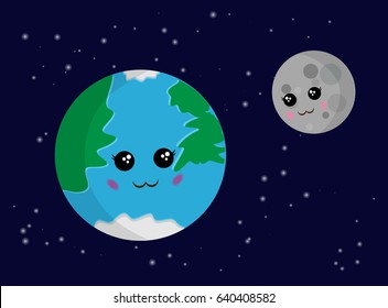Earth and moon with cute faces vector illustration