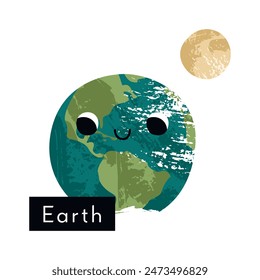 Earth with Moon. Cute kawaii planet character with smiling face. Funny celestial body. Solar system. Astronomy for kids. Vector flat cartoon illustration