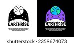 Earth from the moon with earthrise typography, illustration for logo, t-shirt, sticker, or apparel merchandise. With doodle, retro, groovy, and cartoon style.