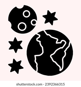 Earth and moon glyph icon. Planet with satellite and stars around. Astronomy vector design concept, solid style pictogram on white background, use for web and app. Eps 10