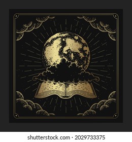 Earth or moon with magical old book in engraving, hand drawn, luxury, celestial, esoteric, boho style, fit for spiritualist, religious, paranormal, tarot reader, astrologer or tattoo vector