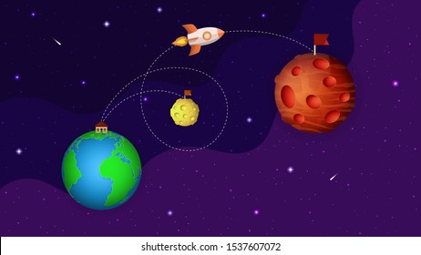 Earth, Moon, Mars On The Space Background With Stars, Comets. Cartoon Rocket Flight To The Mars. Space Trip From The Earth To Mars. 3d Paper Cut Style. Space Exploration. Vector Illustration. 