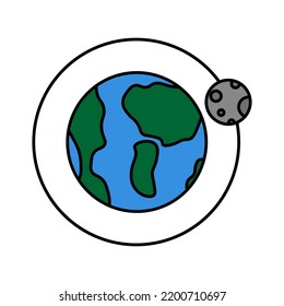 Earth moon orbit. Star icon. Space drawing. Children's drawing. Vector illustration. Stock image.
