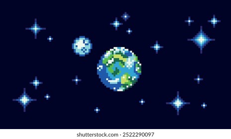 Tierra y luna pixel art Anuncio. Planeta azul en el espacio, estrellas alrededor. Fondo de objeto astronómico. Sprite de 8 bits. 