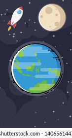 Earth moon and rocket night scene flat design vector illustration