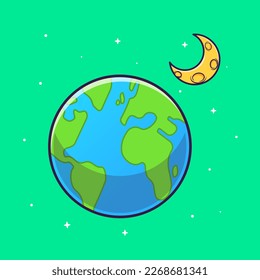 Ilustración del icono del vector de dibujos animados de la Tierra con la Luna en el espacio. Concepto de icono de la tecnología de la ciencia Vector Premium aislado. Estilo de dibujo plano