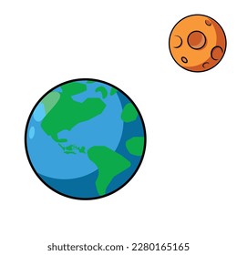 The Earth and moon in space, cartoon vector illustration. white background