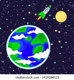 earth, moon, spaceship, space, vector illustration