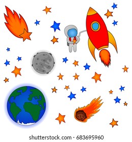 Earth, Moon, stars and meteorites, rocket and astronaut.vector illustration. Template on the theme of space
