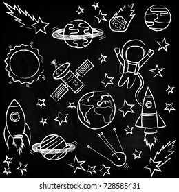 Earth, Moon, stars and meteorites, rocket and astronaut.Drawing, sketch. Vector illustration. Template on the theme of space