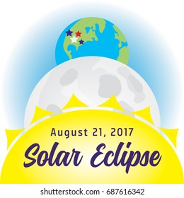 Earth, Moon and Sun line up for the August 21, 2017 Solar Eclipse. Path of totality shown across the United States. Vector.