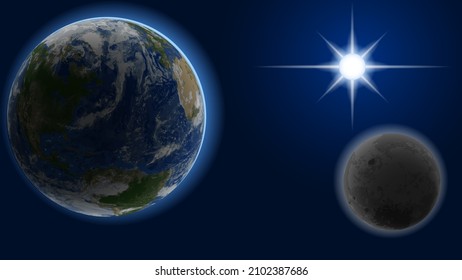 Earth, Moon and Sun. Outer space abstract background