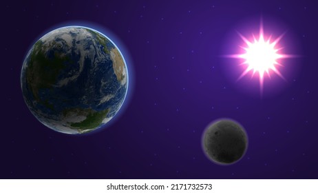 Earth, Moon and Sun. Outer space with stars background.