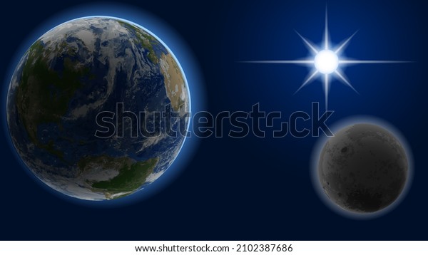 Earth, Moon\
and Sun. Outer space abstract\
background