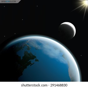 Earth, moon and sun in solstice composition. High quality vector illustration