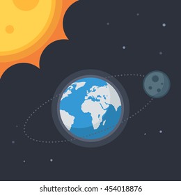 Earth with moon and sun, stars. Concept Vector space banner icons for online  web design or print