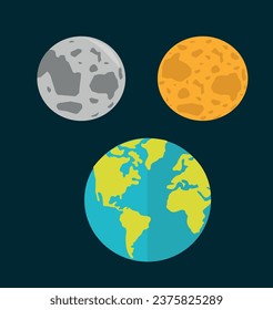 Earth, moon and sun, stars. planets. Earth, moon, sun vector illustration