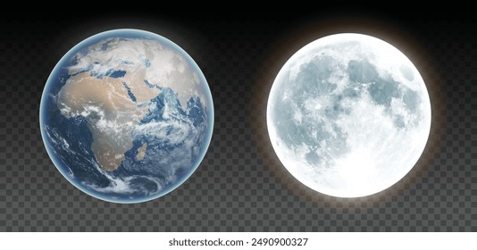 Erde und Mond, zwei Himmelskörper nebeneinander, auf einem transparenten Hintergrund. Realistische Darstellung.