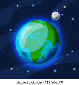Earth with moon vector cartoon and flat illustration. Green and blue Earth planet with grey moon in starry space with atmosphere glowing. Vector Earth illustration, with continents and oceans in front