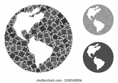 Earth mosaic of joggly pieces in different sizes and color hues, based on Earth icon. Vector abrupt pieces are composed into collage. Earth icons collage with dotted pattern.