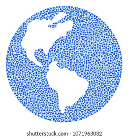 Earth mosaic of round dots in different sizes and color tones. Circle elements are organized into earth vector mosaic. Dotted vector illustration.