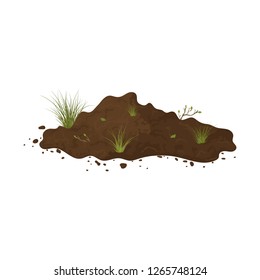 Earth mound. Ground with tuffet and branches with leaves. Illustration of landscape, nature, soil, farming. Colored flat icon, cartoon vector design.