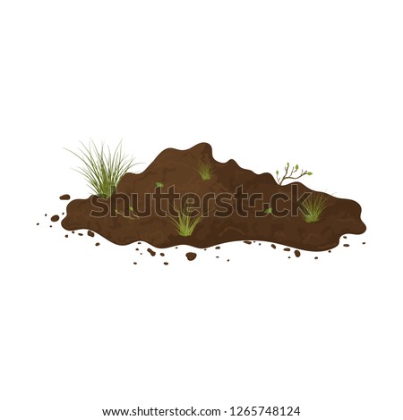 Earth mound. Ground with tuffet and branches with leaves. Illustration of landscape, nature, soil, farming. Colored flat icon, cartoon vector design.
