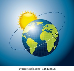 Earth movement around the Sun over blue background. vector