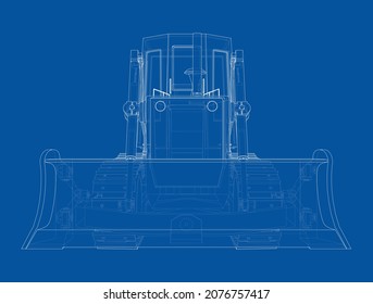 Earth mover, bulldozer. Vector rendering of 3d. Wire-frame style. The layers of visible and invisible lines are separated