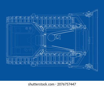 Earth mover, bulldozer. Vector rendering of 3d. Wire-frame style. The layers of visible and invisible lines are separated