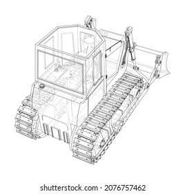 Earth mover, bulldozer. Vector rendering of 3d. Wire-frame style. The layers of visible and invisible lines are separated