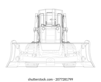 Earth mover, bulldozer. Vector rendering of 3d. Wire-frame style. The layers of visible and invisible lines are separated