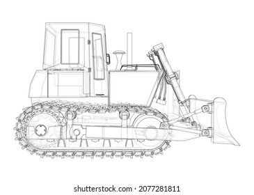 Earth mover, bulldozer. Vector rendering of 3d. Wire-frame style. The layers of visible and invisible lines are separated