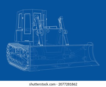 Earth mover, bulldozer. Vector rendering of 3d. Wire-frame style. The layers of visible and invisible lines are separated