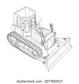 Earth mover, bulldozer. Vector rendering of 3d. Wire-frame style. The layers of visible and invisible lines are separated